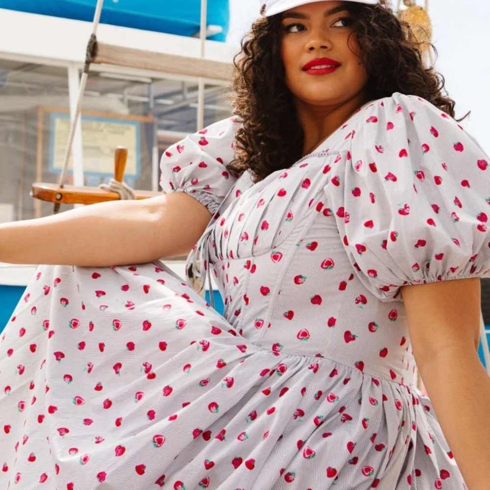 Ivy City Co White Midi Dress with Pink Strawberry Print